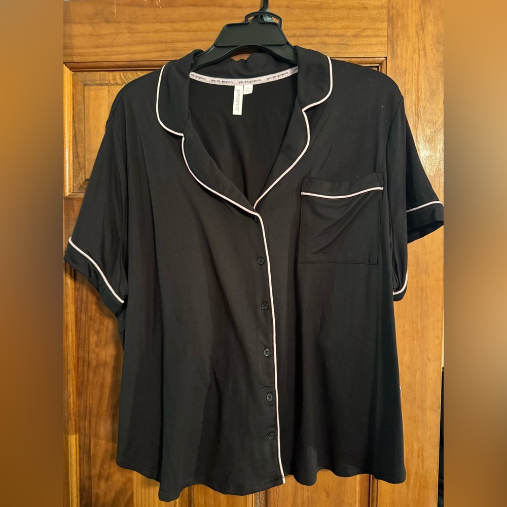 Black Button-Up Pajama Top and Shorts with Pink Trim